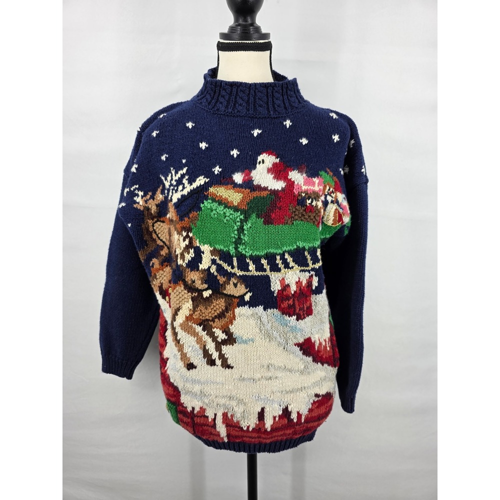 Vintage Heirloom Collectibles Christmas Santa Reindeer Sweater Navy Blue Medium